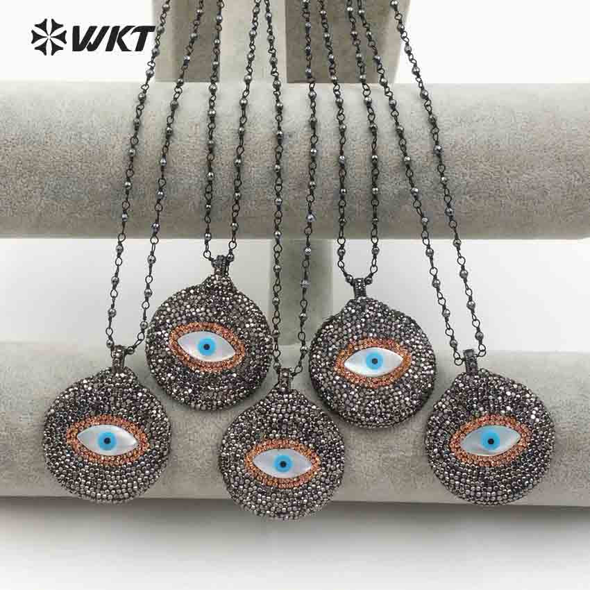 WT-NV214 Wholesale New Arrival Elegant Round Shape Hematite Beads Rosary Chain Jewelry CZ Rhinestone Pave Pendant Necklace
