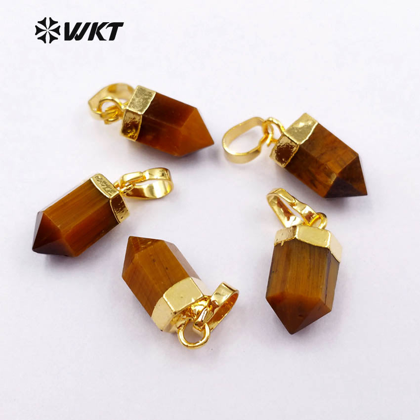 WT-P1327 WKT Wholesale Bullet Shape Terminated Point Tiny 24k Real Gold Plated Tiger Eye Pendant for Women