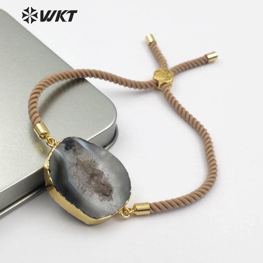 WT-B438 Women's Boho Adjustable Pendant in Black and Grey Color Raw Stone With Gold Trim Natural Geode Druzy Stone Bracelet