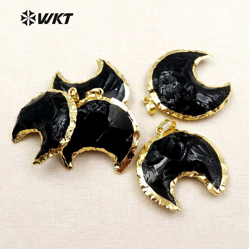 WT-P1322 Amazing Handmade Handmer Natural Raw Black Obsidian Crescent Horn Moon Stone Pendant With 18k Real Gold Plated