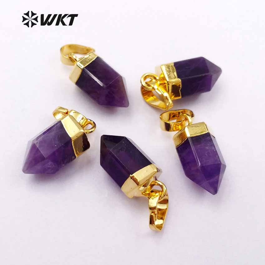 WT-P1333 WKT Wholesale Fashionable Bullet Shape Tiny Elegant 24k Real Gold Silver Plated Purple Amethyst Pendant