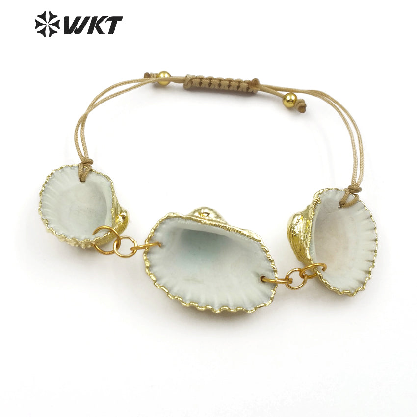 WT-B441 Handcrafted Three Natural Shells All Gold-plated and Suitable for Ladies to Wear Adjustable White Scallop Shell Bracelet