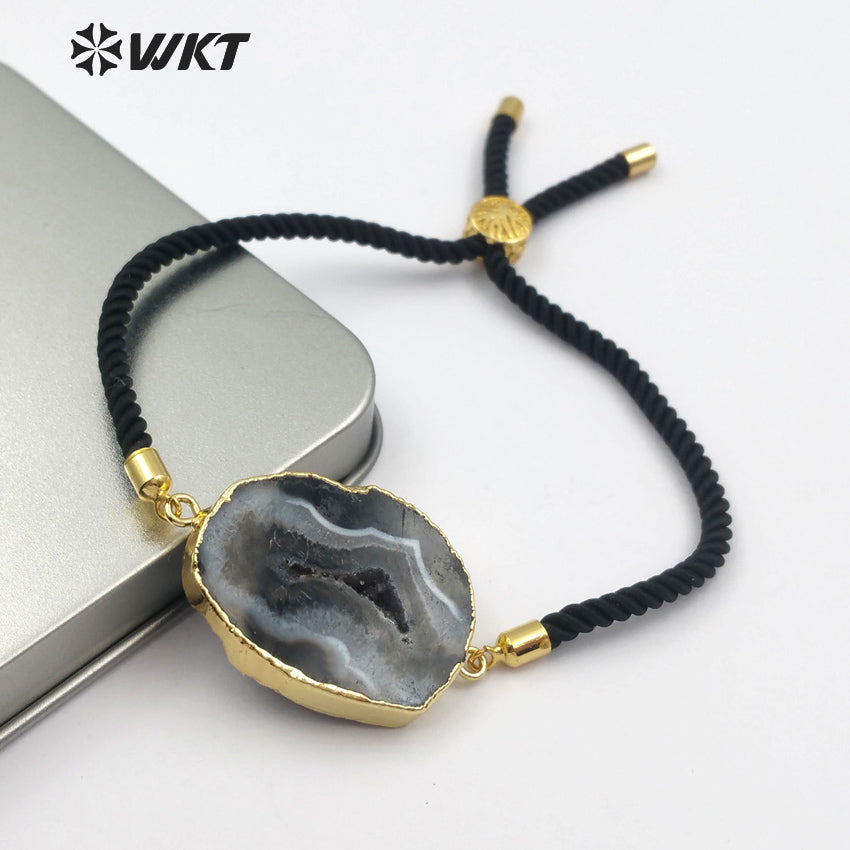 WT-B438 Women's Boho Adjustable Pendant in Black and Grey Color Raw Stone With Gold Trim Natural Geode Druzy Stone Bracelet