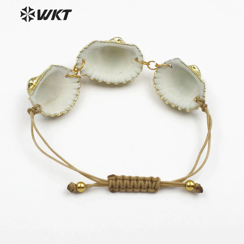 WT-B442 Handmade Natural Seashells With Gold-plated Edge for Summer Wear Adjustable Fan-shaped White Scallop Shell Bracelet