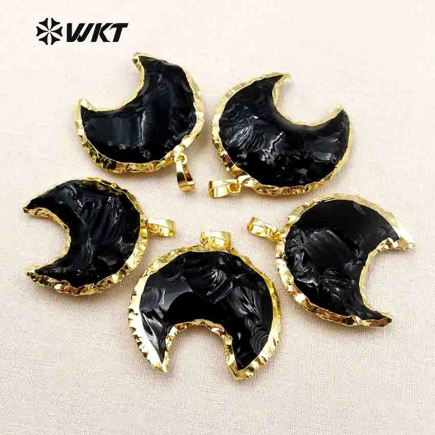 WT-P1322 Amazing Handmade Handmer Natural Raw Black Obsidian Crescent Horn Moon Stone Pendant With 18k Real Gold Plated