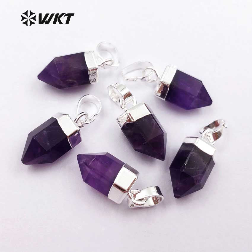 WT-P1333 WKT Wholesale Fashionable Bullet Shape Tiny Elegant 24k Real Gold Silver Plated Purple Amethyst Pendant