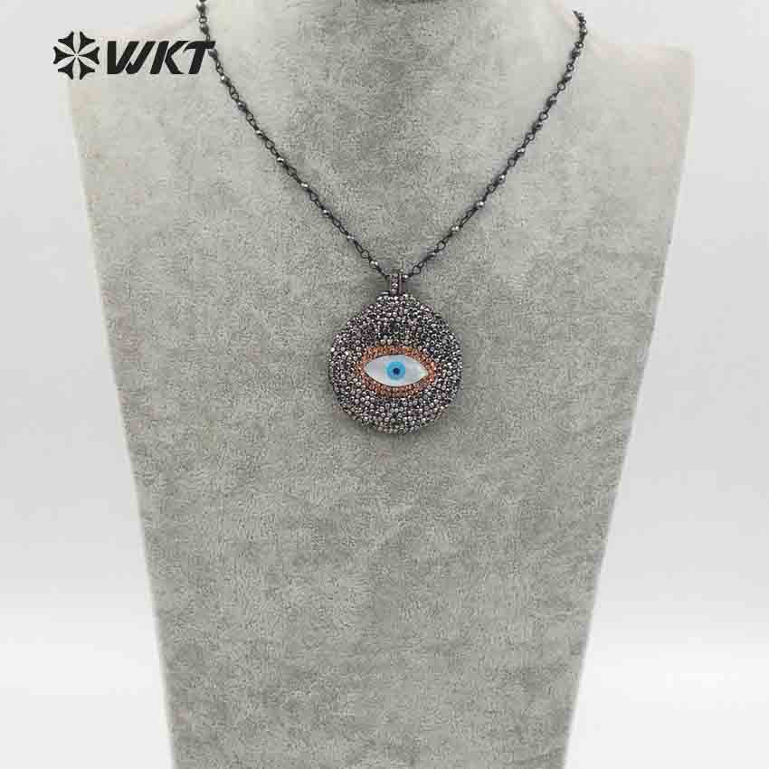 WT-NV214 Wholesale New Arrival Elegant Round Shape Hematite Beads Rosary Chain Jewelry CZ Rhinestone Pave Pendant Necklace