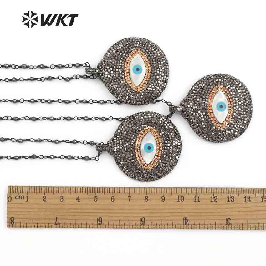 WT-NV214 Wholesale New Arrival Elegant Round Shape Hematite Beads Rosary Chain Jewelry CZ Rhinestone Pave Pendant Necklace