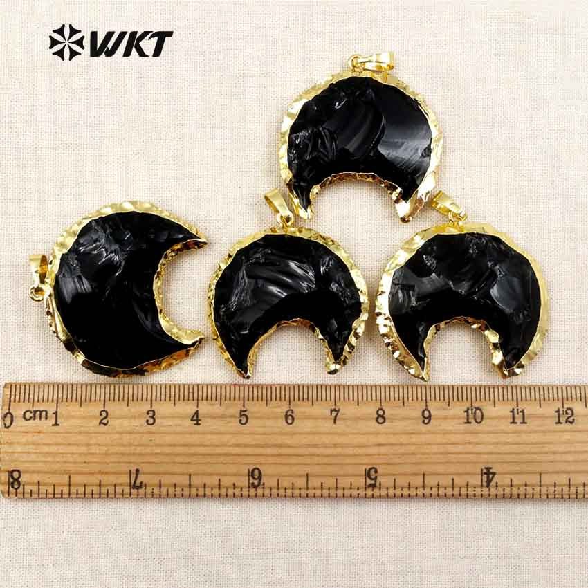 WT-P1322 Amazing Handmade Handmer Natural Raw Black Obsidian Crescent Horn Moon Stone Pendant With 18k Real Gold Plated