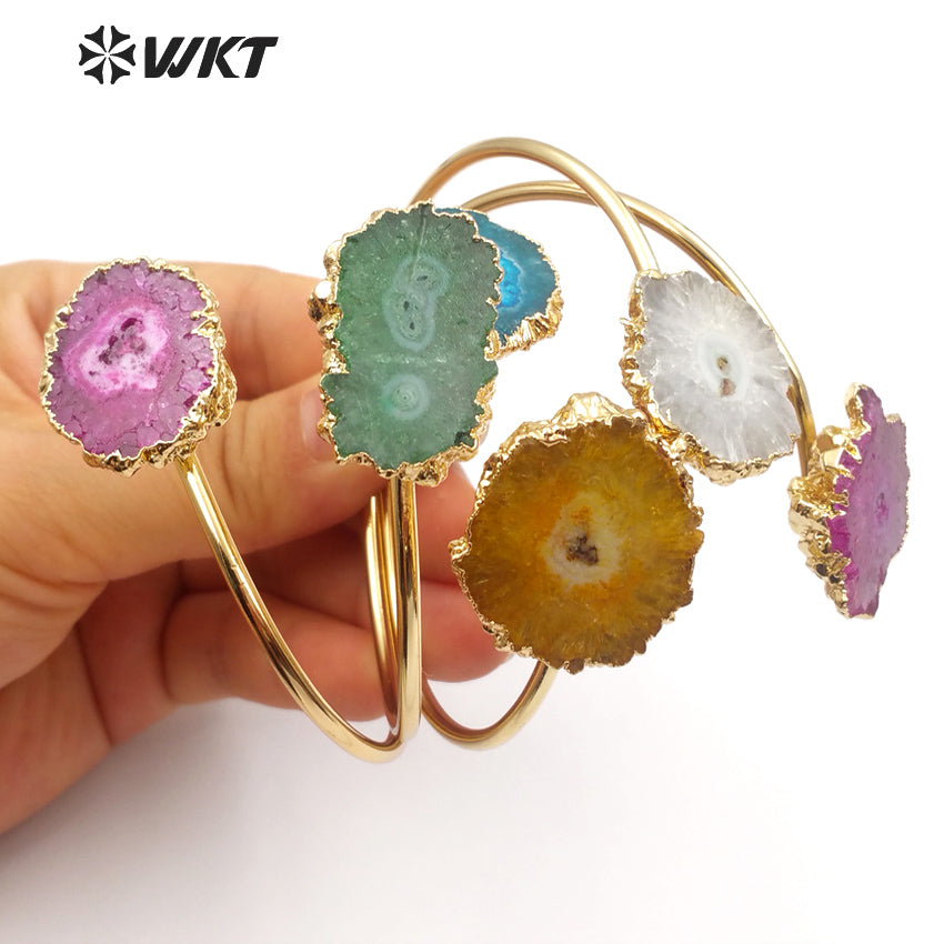 WT-B439 Woman Jewelry Double Quartz With Gold Bezel Fashion Cuff Size Can Adjust Colorful Natural Stalactite Quartz Bracelet