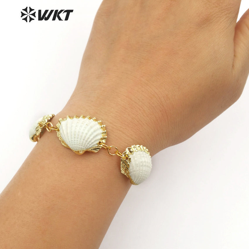 WT-B442 Handmade Natural Seashells With Gold-plated Edge for Summer Wear Adjustable Fan-shaped White Scallop Shell Bracelet