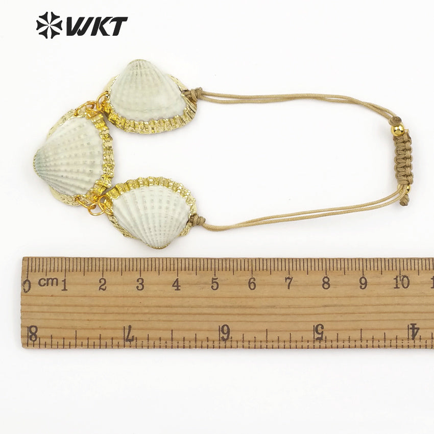 WT-B442 Handmade Natural Seashells With Gold-plated Edge for Summer Wear Adjustable Fan-shaped White Scallop Shell Bracelet