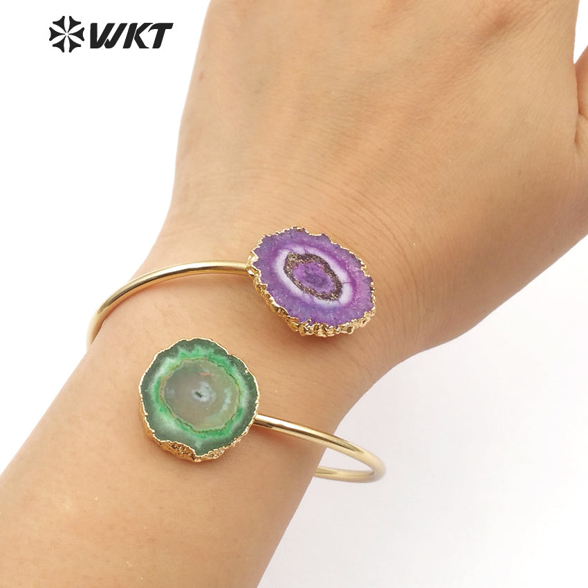 WT-B439 Woman Jewelry Double Quartz With Gold Bezel Fashion Cuff Size Can Adjust Colorful Natural Stalactite Quartz Bracelet