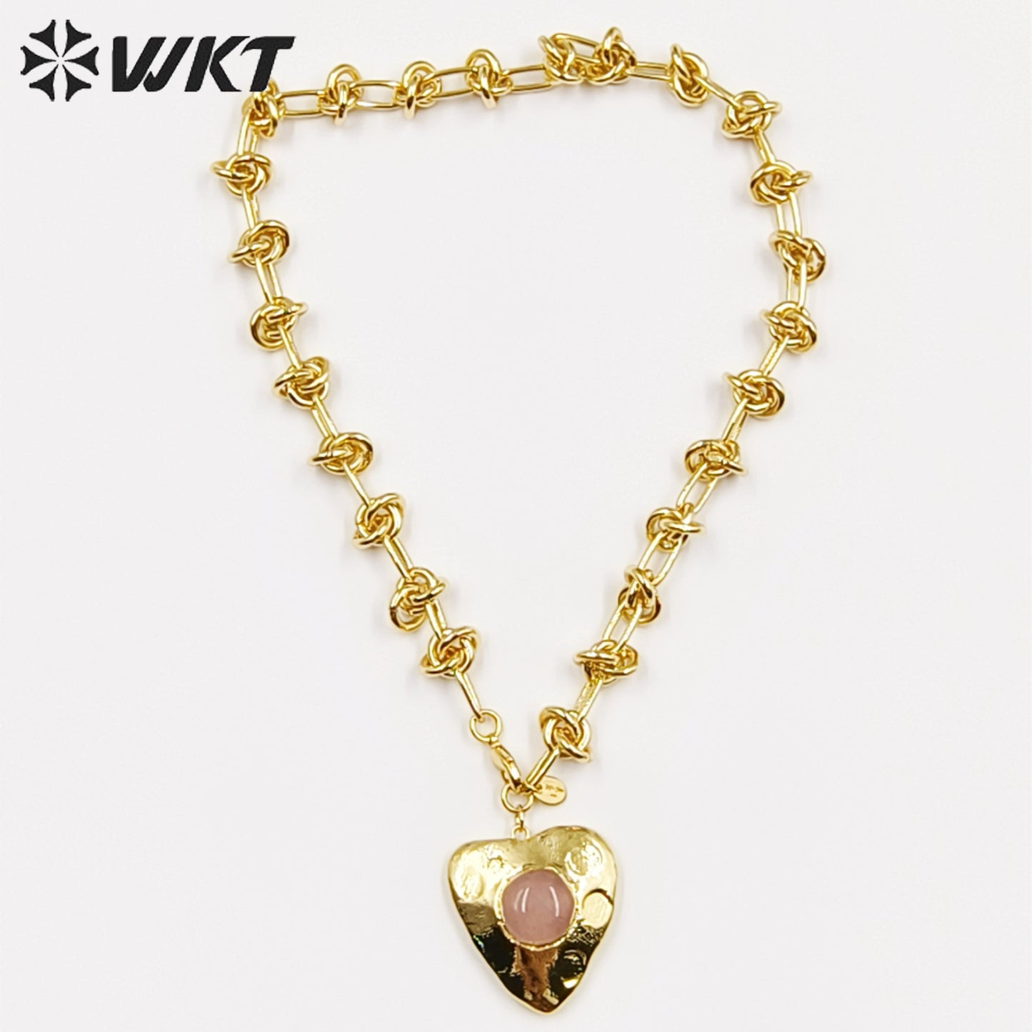 WT-N1429 Gorgeous Romantic Heart Shaped Natural Rose Quartz 16inch Long Layer Vintage Necklace Casual Long Statement Necklace