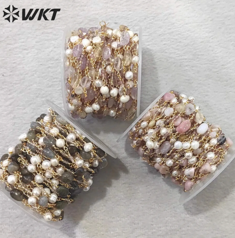 WT-RBC224 Wholesale Latest Style Nugget Stone & Pearl Retro Gold Plated Sell by Meter Handmade Metal Chain