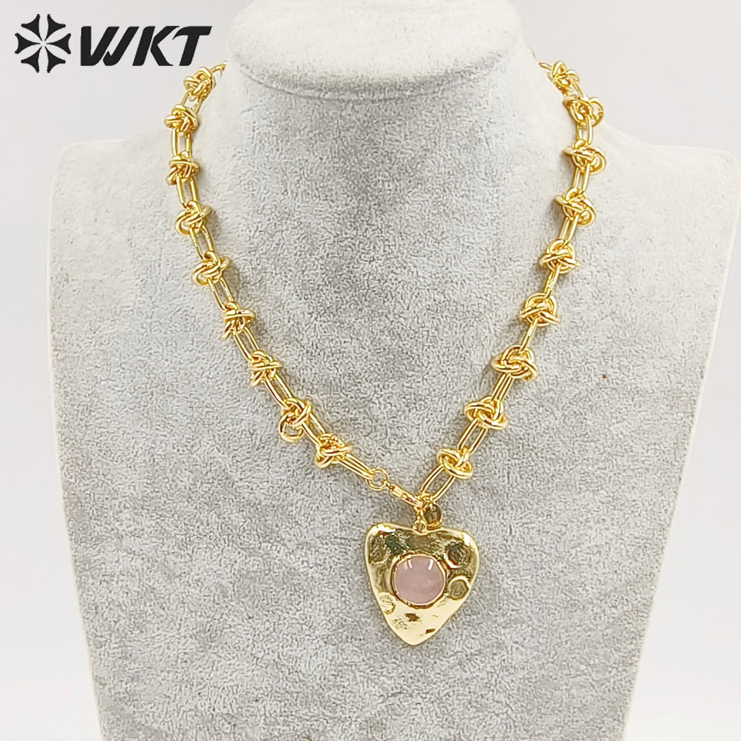 WT-N1429 Gorgeous Romantic Heart Shaped Natural Rose Quartz 16inch Long Layer Vintage Necklace Casual Long Statement Necklace