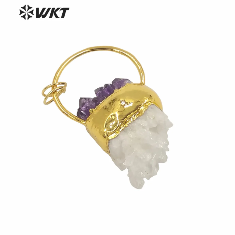 WT-P1582 Wholesale Gold Electroplated White Cluster Quartz Point Pendant Lady Fashion Natural Druzy Quartz Point Pendant