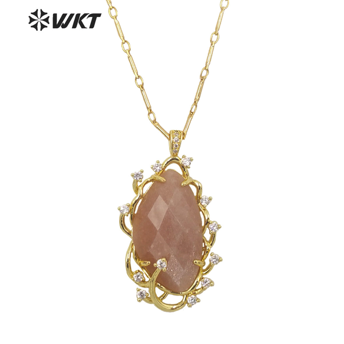 WT-N1351 Wholesale Fashion Gold Plated Natural Gemstone Bezel Setting Pendant Necklace Women Gorgeous Micro Pave Stone Necklace