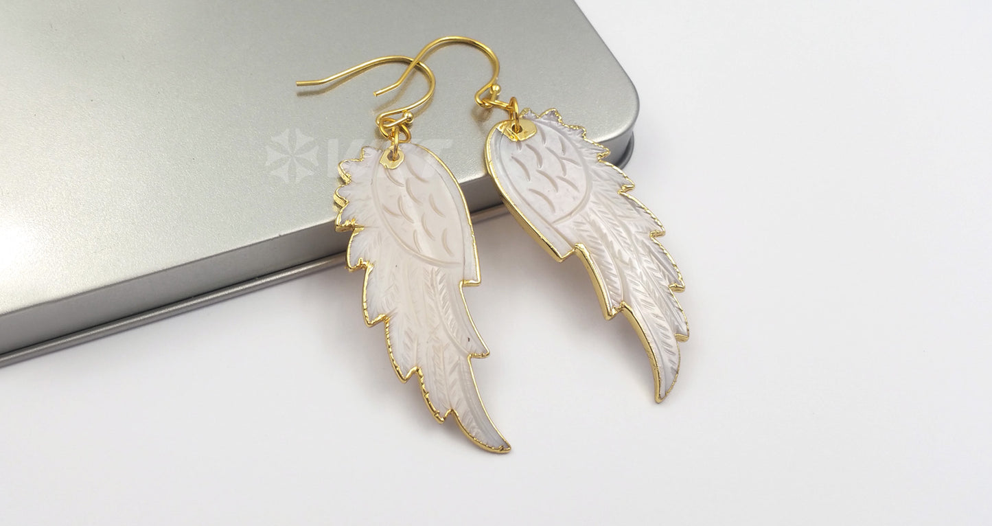 WT-E242 Newest Gorgeous Natural Genuine Abalone Shell Feather Earrings 18K Gold Dipped Carved Shell Feather Earrings