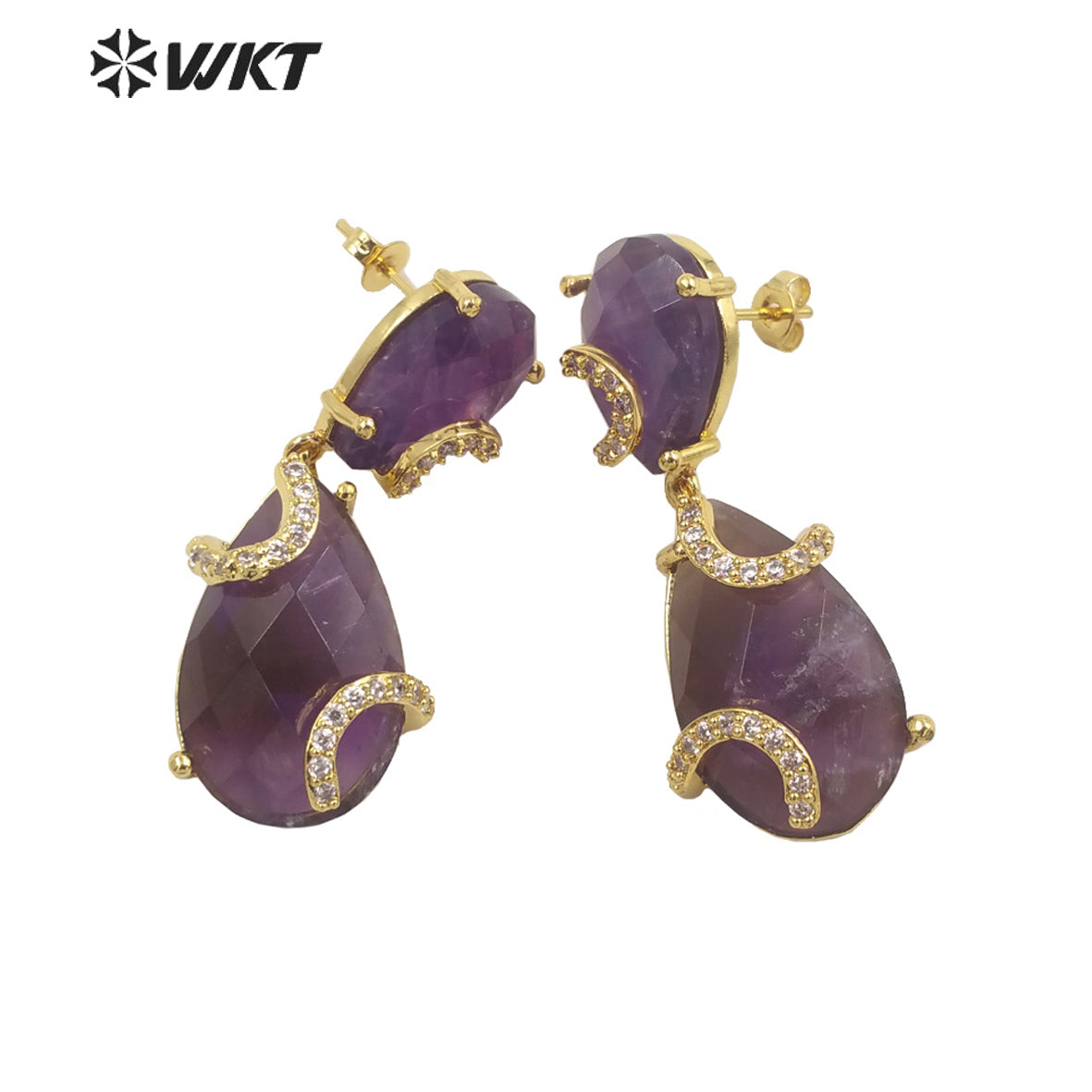 WT-E692 WKT New Design Colorful Spring Match Style Faceted Natural Stone Teardrop Earrings with Cubic Zircon Earrings for Party