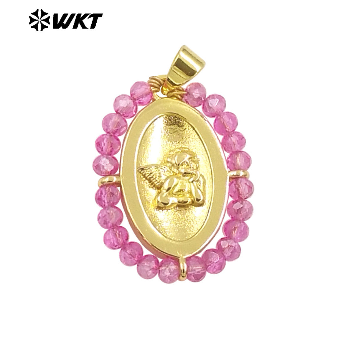 WT-MN994 2024 New Popular Gold Plated With Handmade Crystal Wire Wrapped Beads Around Angel Medal Christian Jewelry Necklace