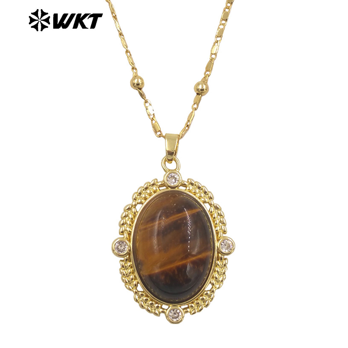 WT-N1474 Amazing 18K Real Gold Plated Resist Tarnishable Natural Gemstone Bezel Setting Oval Shape With Zircon Stone Necklace