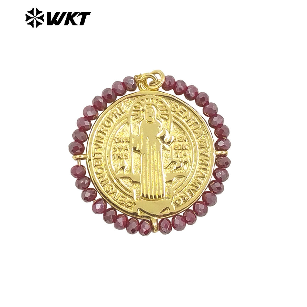 WT-MN991 Fashion Popular Women Wire Wrapped Brass 18K Gold St Benedict Medal Necklace With Crystal Decorate Religious Jewelry