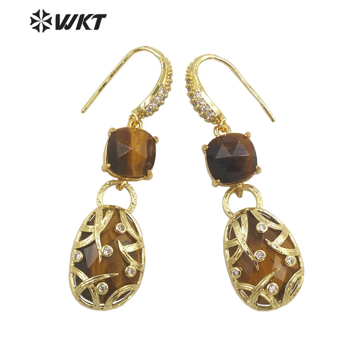 WT-E691 Fashion Double Stone Handmade Claw Setting Bezel Earrings Women Delicate Long Hoop Amethyst Stone Earrings