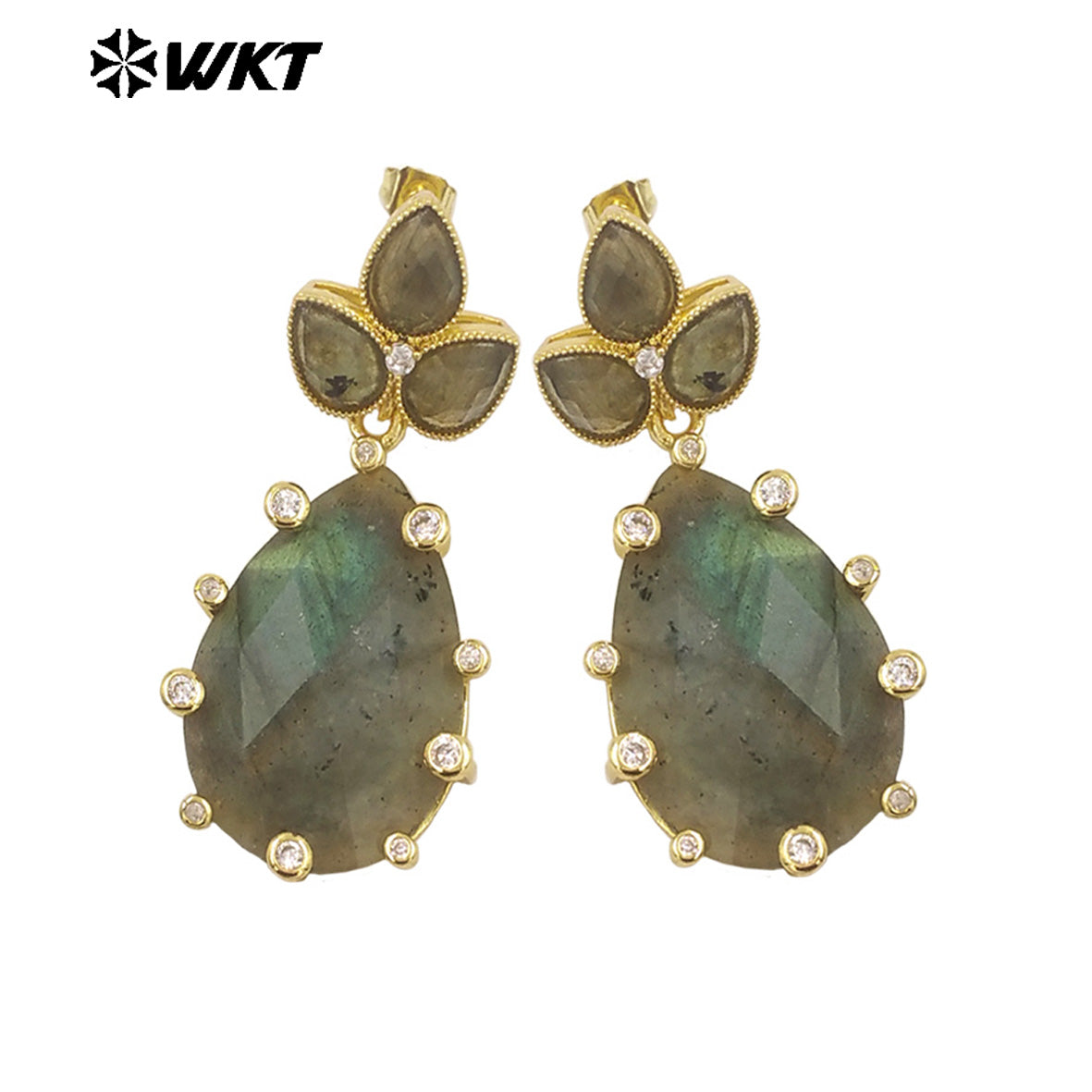 WT-E756 Gorgeous Precious Natural Amazonite Amethyst Gemstone Carved Long Teardrop Earrings With Zircon Around Trend Style