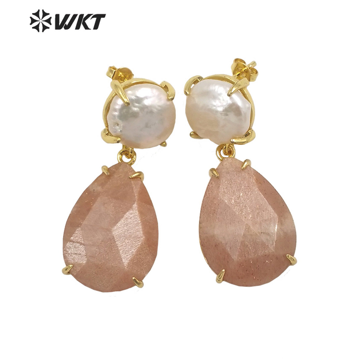 WT-E696 Amazing the Royal Nobility Gorgeous Design Women Natural Gemstone Teardrop Earrings with Pearl Studs in Resist Gold