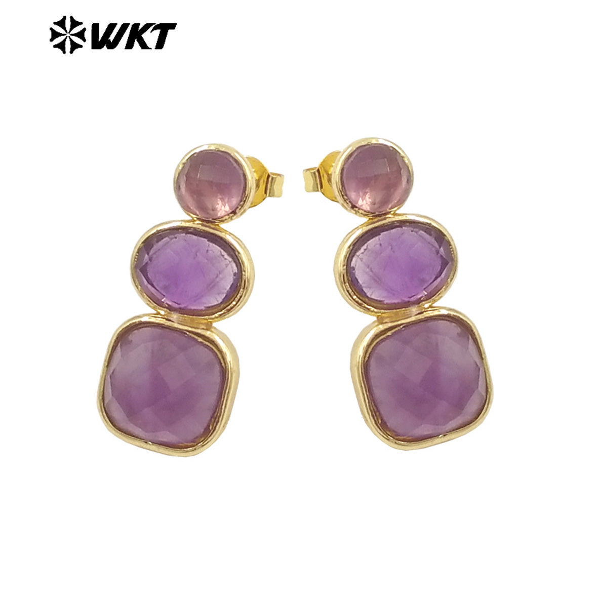 WT-E754 WKT Precious Triple Stone Assemble Handmade Setting Natural Amethyst Lapis Long Dangle Geometric Lady Earrings