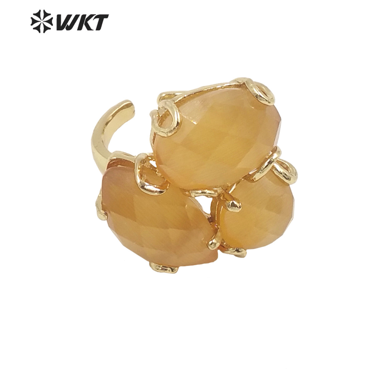 WT-R420 Europe Court style colorful Cat Eye stone Ring 18k real gold plated triple stone Flower Ring with Prong setting