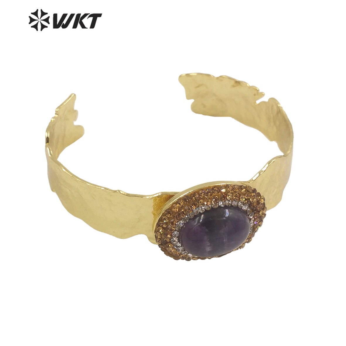 WT-B628 Europe Colorful Precious Gemstone Opening Bangle with Rhinestone Setting Women Oval Amethyst Stone Bangle