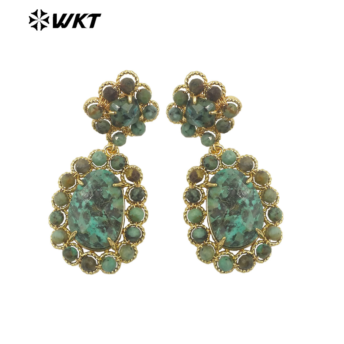 WT-E724 WKT Precious Natural Gemstone Carved with Wire Wrapped Tiny Stone Beads Made Earrings Charming Gorgeous Lapis Earrings