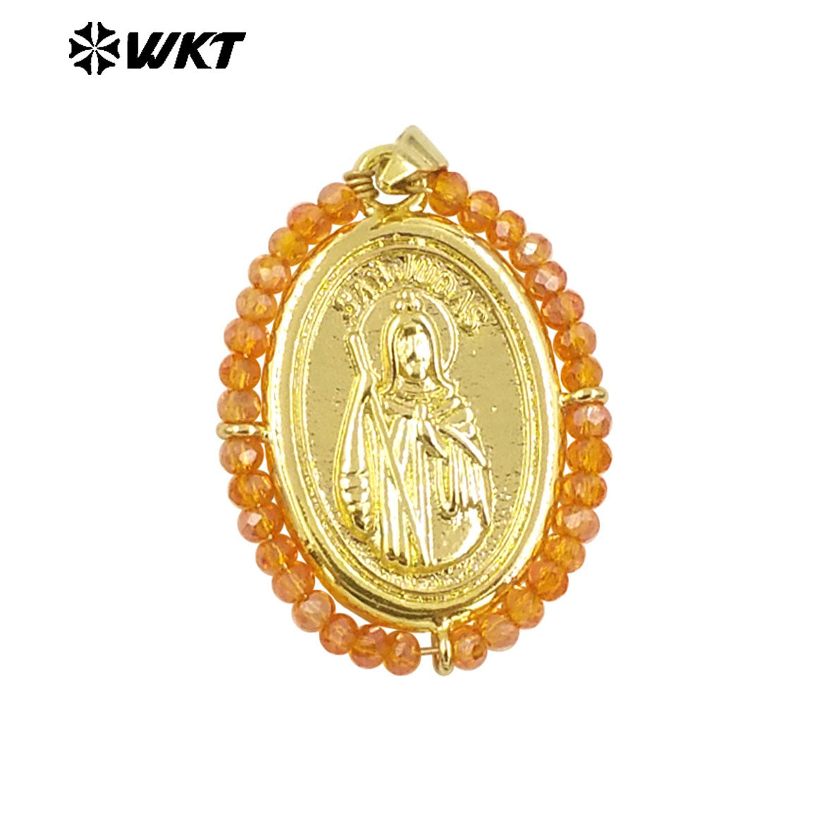 WT-MN989 Women Handmade Crystal Wire Wrapped Oval Shape 18K Gold Plated Miraculous Medal Necklace for Spring