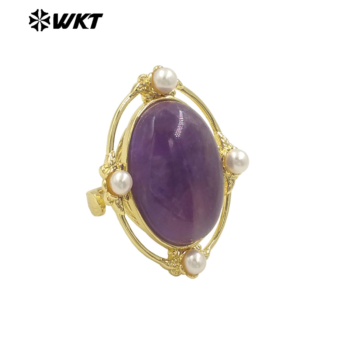 WT-R541 Wholesale Fashion Gold Plated Retro Natural Gemstone Lapis Amethyst Oval Stone With Pearl Beads Adjustable Women Ring