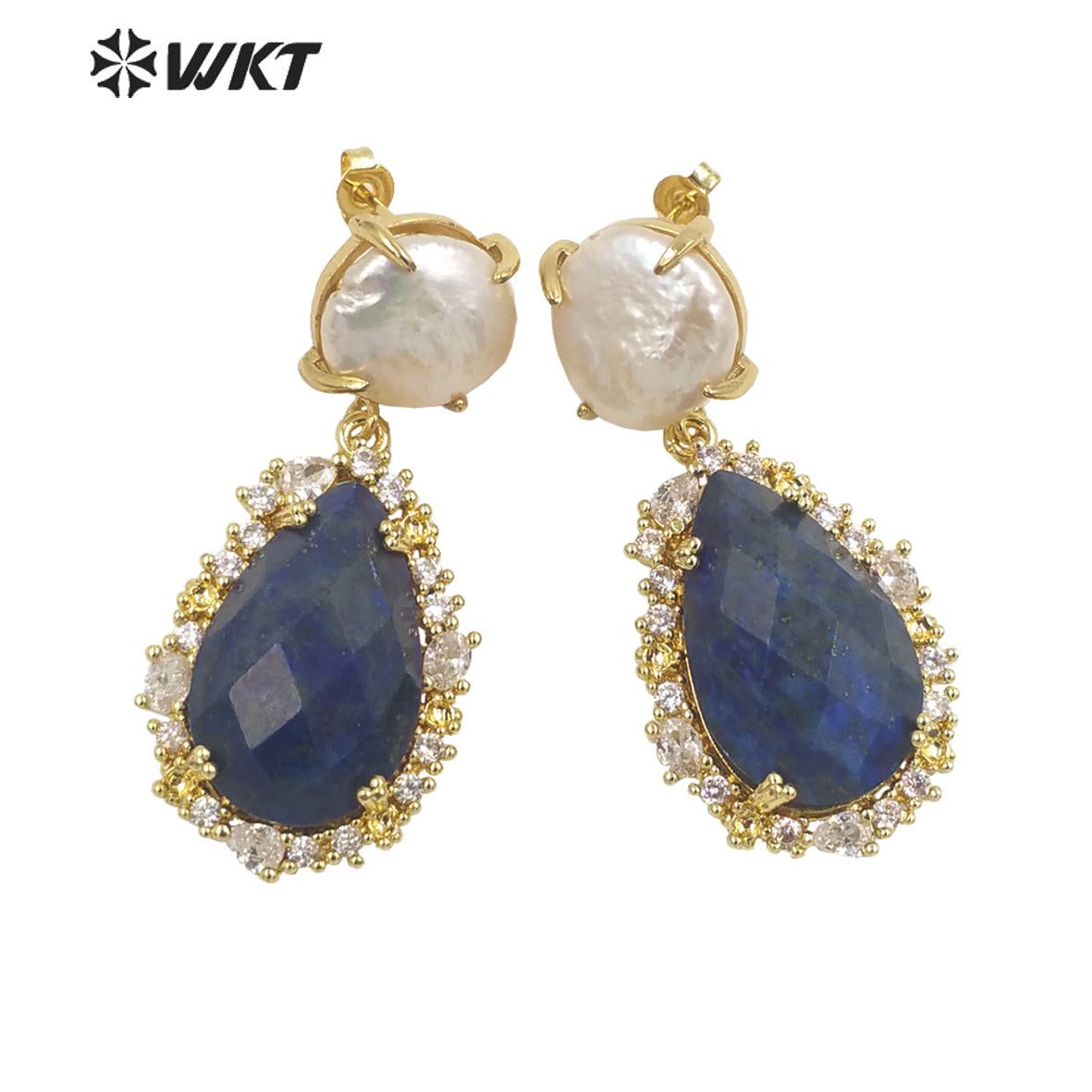 WT-E698 Unique Micropaved Gold Bezel Cubic Zircon Natural Teardrop Stone Pearl Earrings Gorgeous Drop Turquoise Stud Earrings