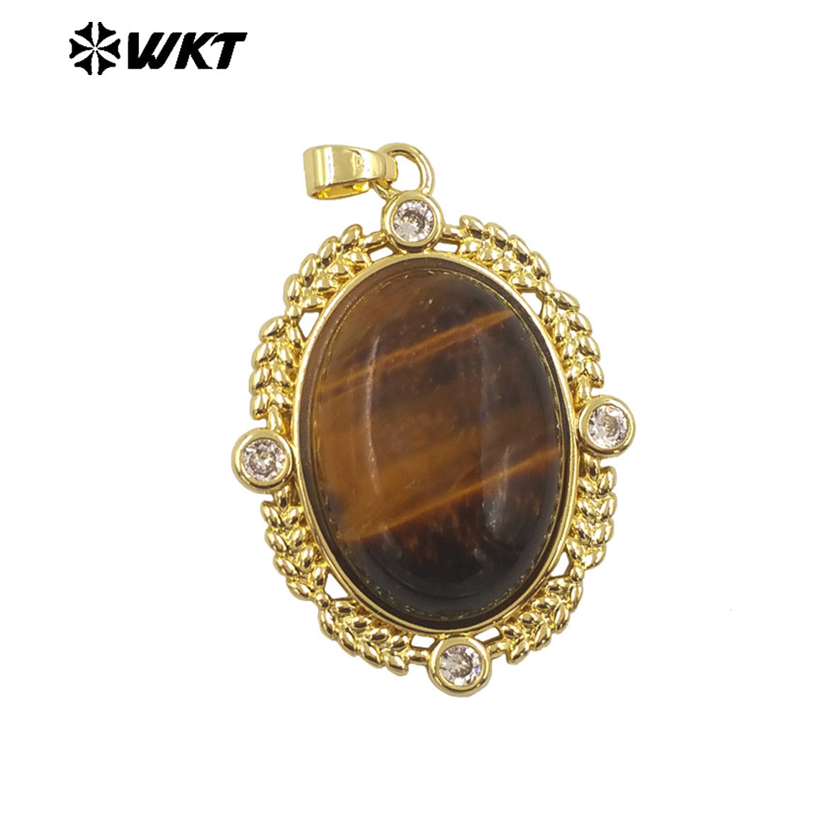 WT-P1985 Wholesale Fashion Gold Bezel Setting With Zircon Around Natural Oval Rose Quartz Stone Pendant for Necklace