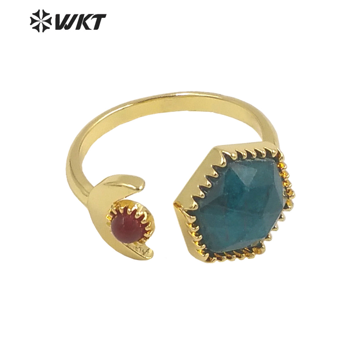 WT-R426 Delicate Fashion Gold Open Size Double Stone Ring Natural Gemstone Hexagon Double Stone Gold Bezel Ring for Girls