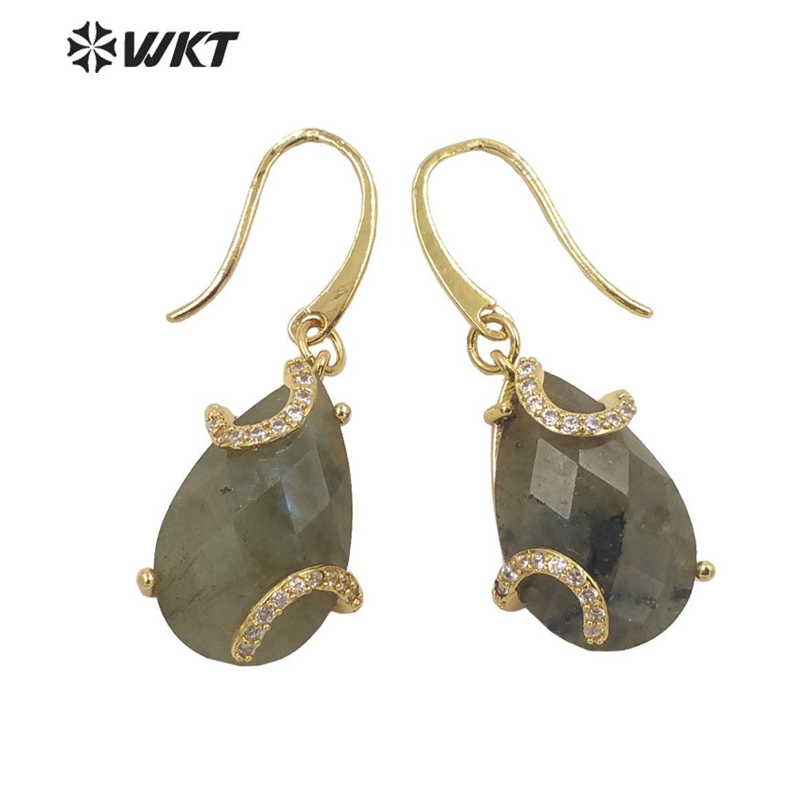 WT-E688 Wholesale Fashion Gold Prong Setting Natural Teardrop Stone Earrings Gorgeous Faceted Gemstone Micropaved Pear Earrings