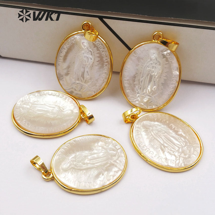 WT-P1353 Newest Big Hand Make Carved Virgin of Maria Pendant,24k Gold Bezel Oval Shape White Shell Maria Pendants
