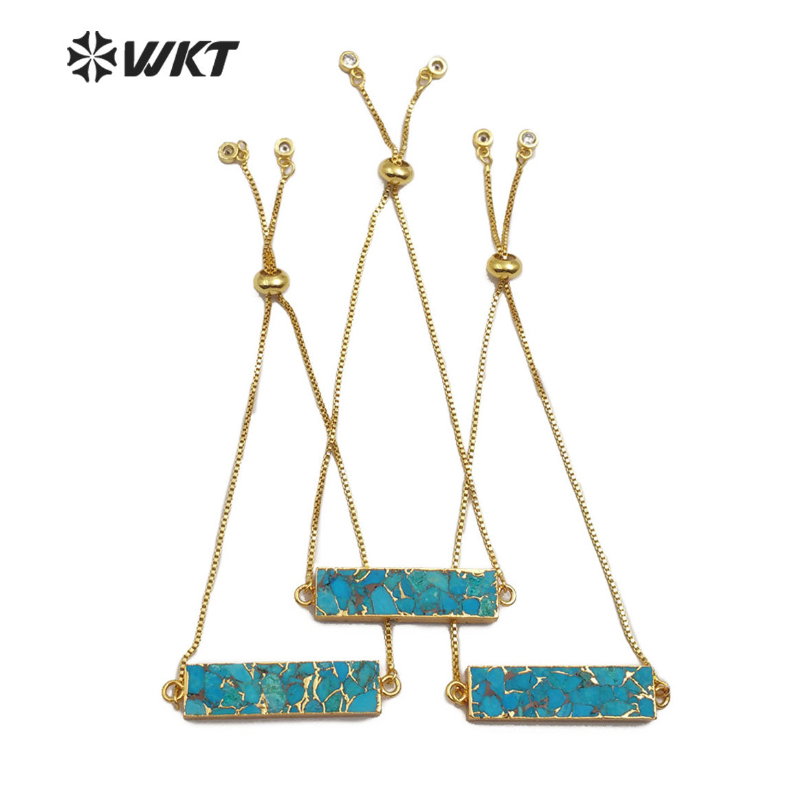 WT-B473 Women Gold Bracelet Jewelry Natural Blue Vein Turquoises Bracelet Rectangle Shape Stones Link Adjustable Bracelet