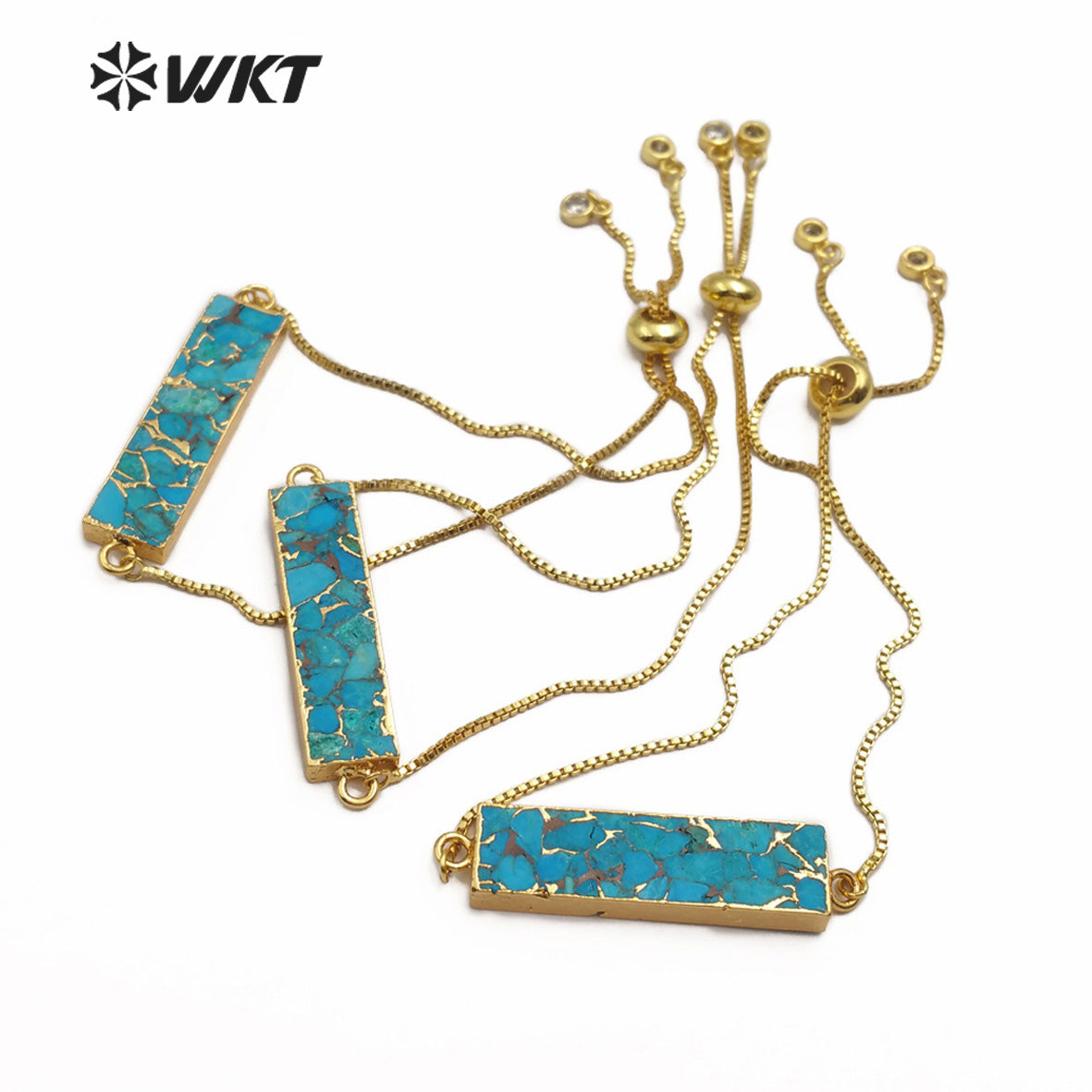 WT-B473 Women Gold Bracelet Jewelry Natural Blue Vein Turquoises Bracelet Rectangle Shape Stones Link Adjustable Bracelet