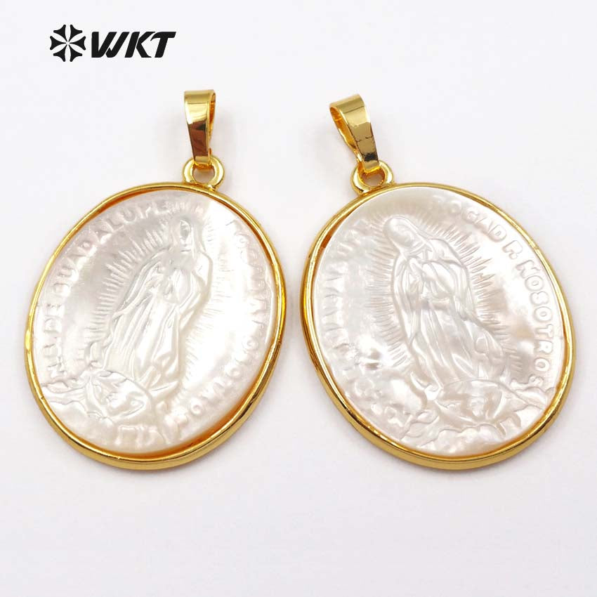 WT-P1353 Newest Big Hand Make Carved Virgin of Maria Pendant,24k Gold Bezel Oval Shape White Shell Maria Pendants