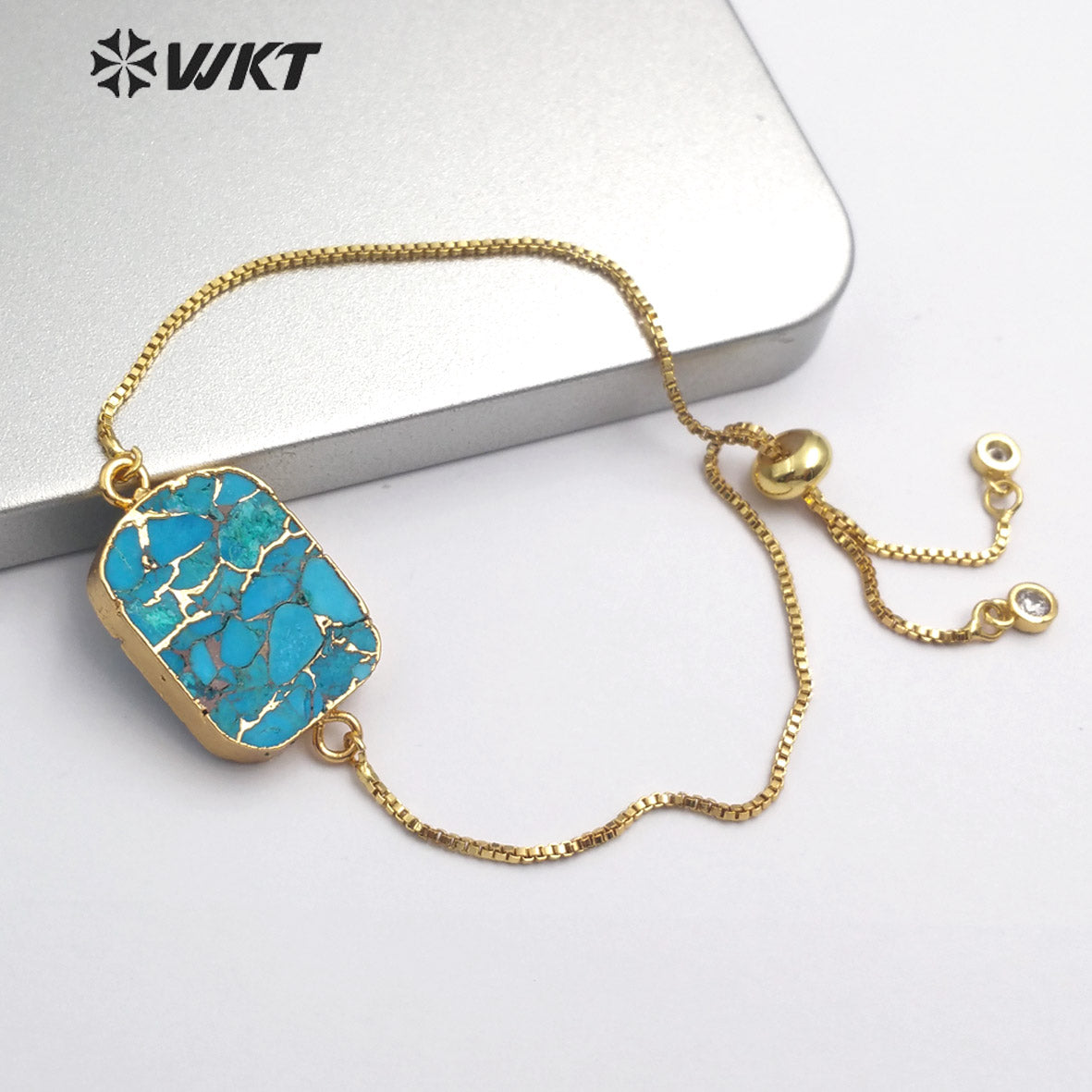 WT-B472 Natural Blue Vein Turquoises Bracelet Rectangle Shape Stones Women Bracelet Jewelry Adjustable Bracelet