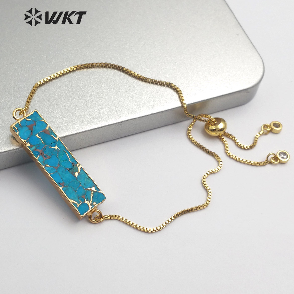 WT-B473 Women Gold Bracelet Jewelry Natural Blue Vein Turquoises Bracelet Rectangle Shape Stones Link Adjustable Bracelet