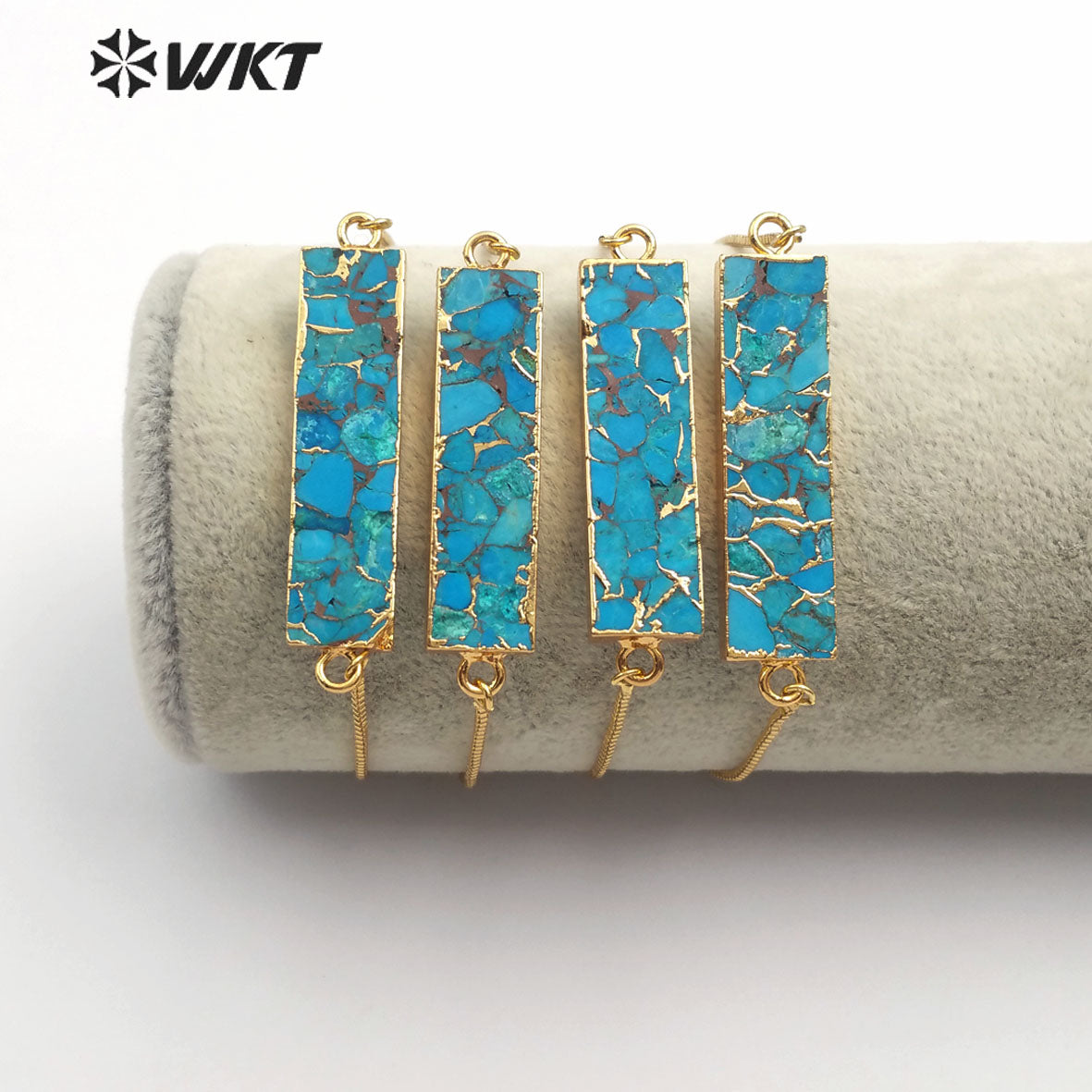 WT-B473 Women Gold Bracelet Jewelry Natural Blue Vein Turquoises Bracelet Rectangle Shape Stones Link Adjustable Bracelet
