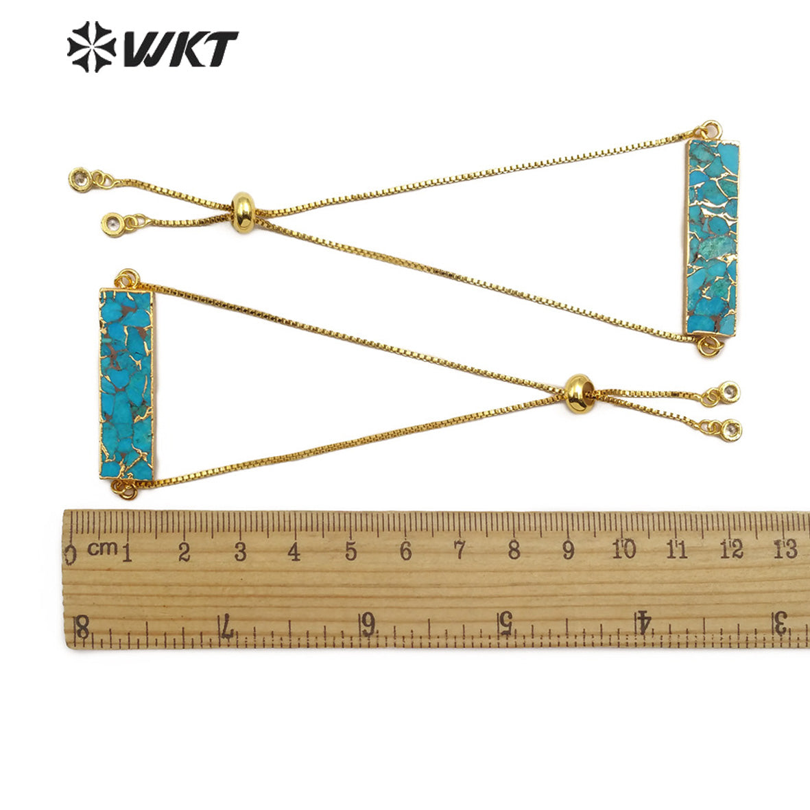 WT-B473 Women Gold Bracelet Jewelry Natural Blue Vein Turquoises Bracelet Rectangle Shape Stones Link Adjustable Bracelet