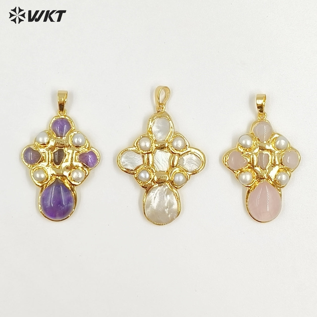 WT-JP384 Specially Designed Religious Unisexual 18K Gold Plated Cross Shaped Pearl and Turquoise Pendant As Daily Decoration