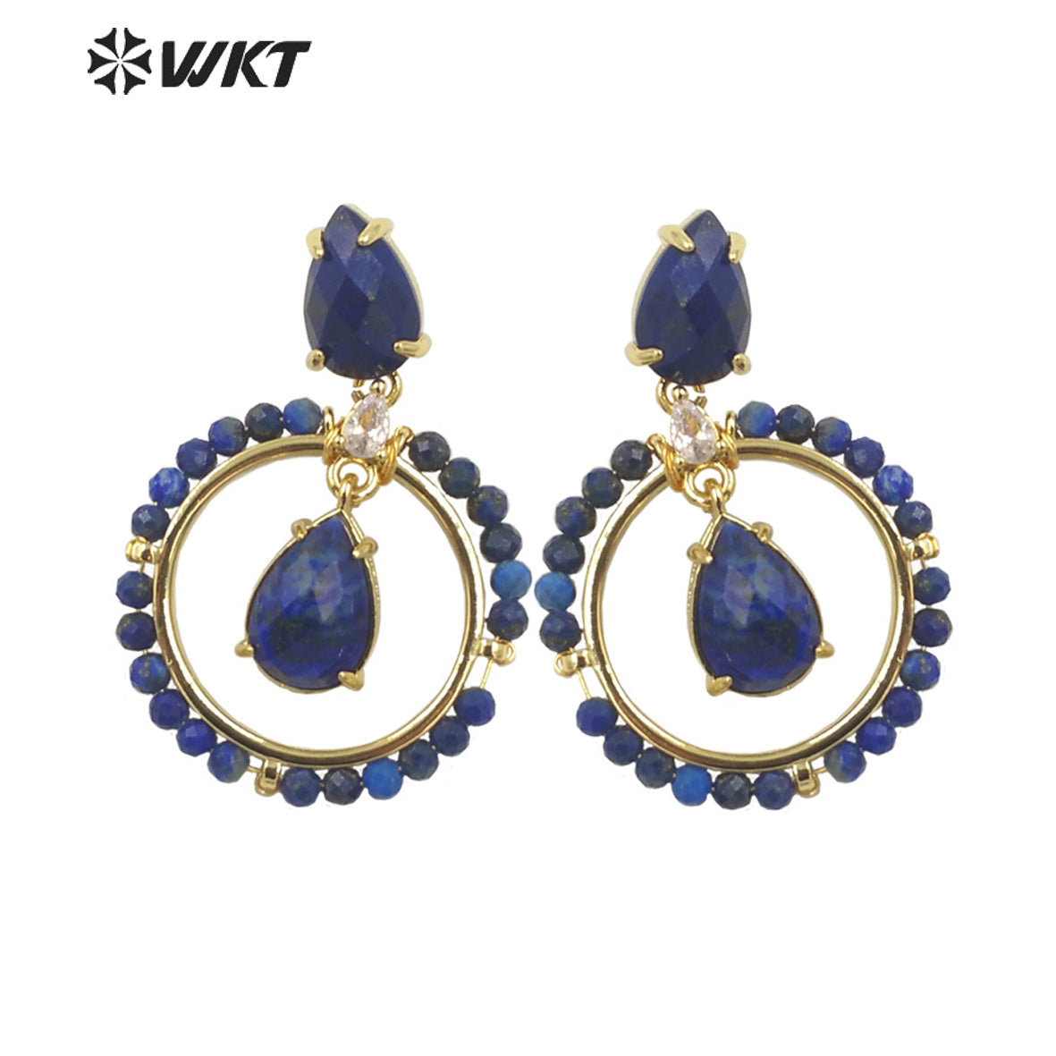 WT-E714 WKT Newest Summer Design Gorgeous Multi Natural Gemstone Big Hoop Earrings Gold Plated Lead Free Amazonite Stone Studs